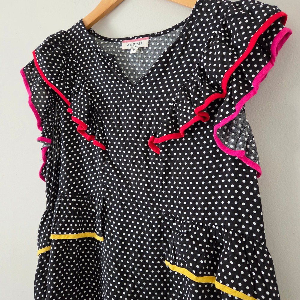 Andree by Unit Polka Dot Ruffle Babydoll Blouse Black White Pink Yellow M 18580 - Picture 2 of 5